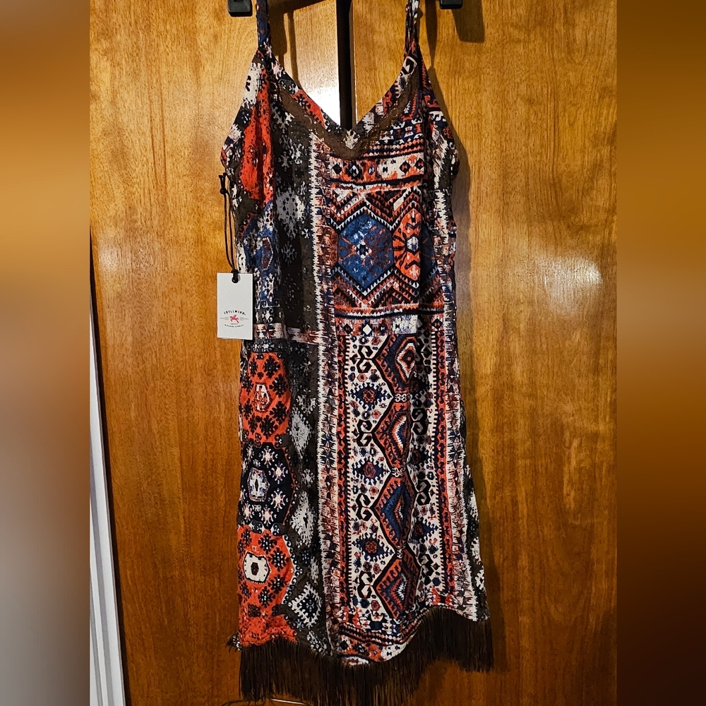 Bohemian Print Spaghetti Strap Fringe Dress